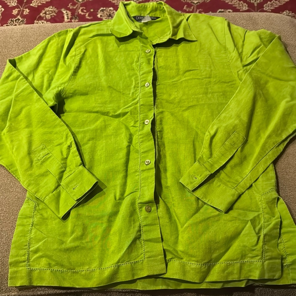 David N Petites Linen Blend Green Button Front Shirt Size Small (TD)